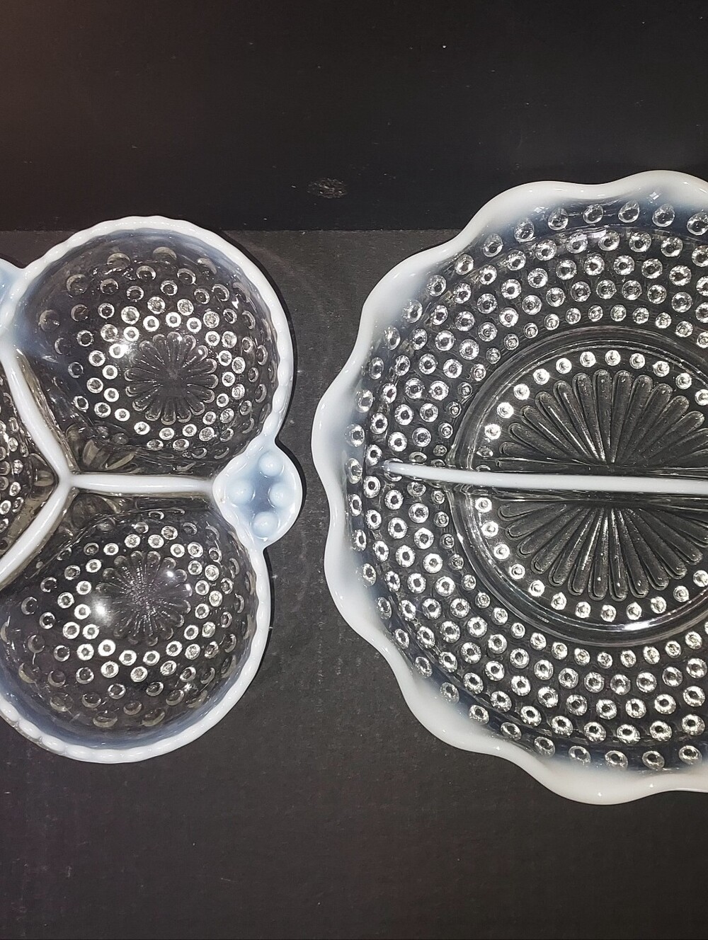 Vintage Fenton Hobnail Glass Divided Serving Pieces - Opalescent Rim
